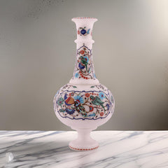 Handcrafted White Marble Inlay Vase – Floral & Peacock Design | USA Sale
