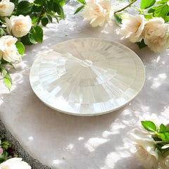 Radiant Round Selenite Crystal Display Plate Handmade Sunburst Inlay with Natural Glow