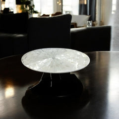 Round Selenite Crystal Centerpiece Table Radiant Modern Accent on Glossy Black Base