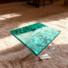 Modern Square Malachite Resin Side Table with Sculptural Metal Base – Elegant Accent Piece