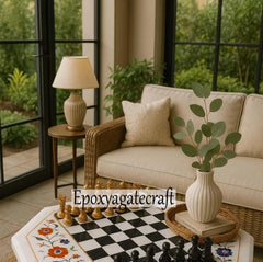 Handmade Marble Chess Table with Floral Inlay – Luxury Octagon Game Table