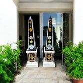 Grand Black Marble Obelisks Multicolor Inlay Decorative Columns for Garden, Entryway, or Luxury Interiors