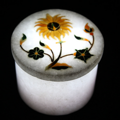 White Round Marble Ring Box with Multi-Stone Inlay – Elegant Jewelry Storage USA