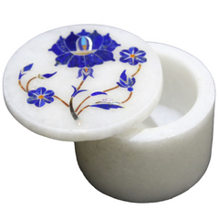 White Marble Round Trinket Box with Lapis Lazuli Gemstone Floral Inlay Design
