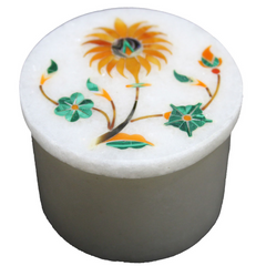White Round Marble Ring Box with Multi-Stone Inlay – Elegant Jewelry Storage USA
