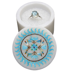 Round White Marble Jewelry Storage Box Inlaid Turquoise Gemstone in Usa