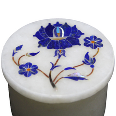 White Marble Round Trinket Box with Lapis Lazuli Gemstone Floral Inlay Design