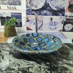 Luxury Oval Sink Crafted from Blue Agate Slices – Handcrafted Gemstone Wash Basin