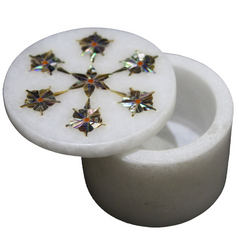 Natural Handmade White Marble Trinket Box with Unique Floral Inlay – Made in USA