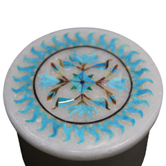 Round White Marble Jewelry Storage Box Inlaid Turquoise Gemstone in Usa
