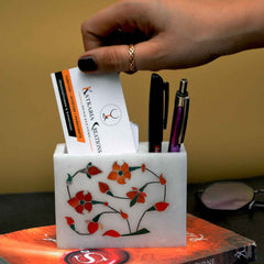 Handcrafted Marble Business Card & Pen Holder  Elegant Floral Inlay Desk Organizer