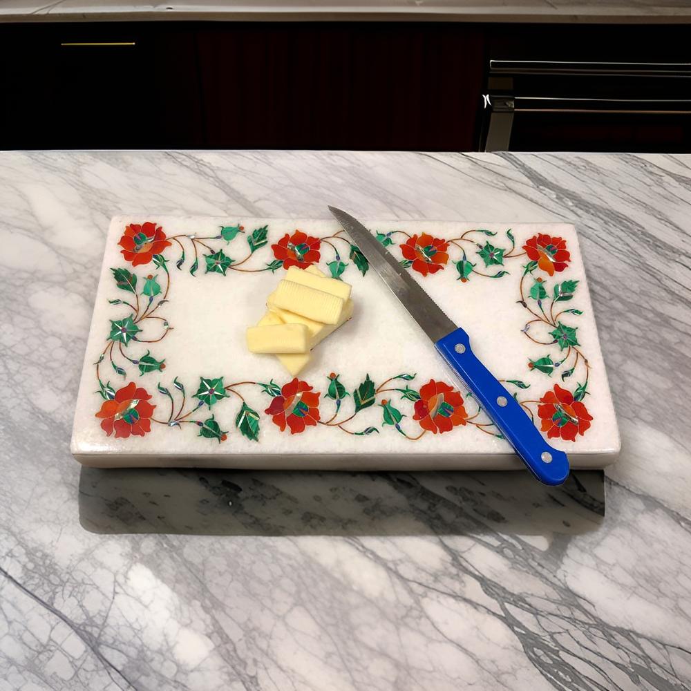 Handcrafted Marble Inlay Cutting Board – Elegant Floral Design for Luxury Kitchens
