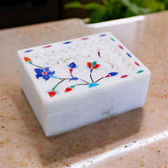 Handcrafted White Marble Inlay Jewelry Box – Floral Engraved Design | USA Sale