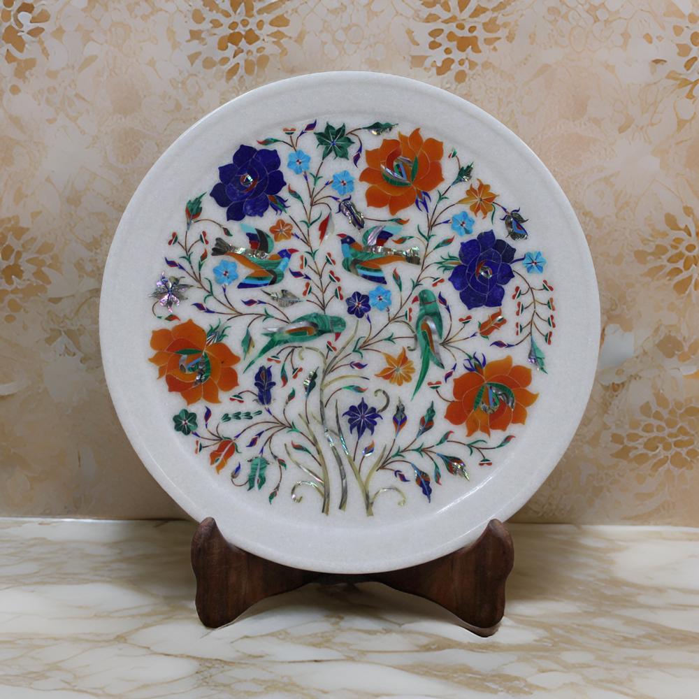 Handcrafted White Marble Inlay Plate Exquisite Floral & Bird Pietra Dura Artwork