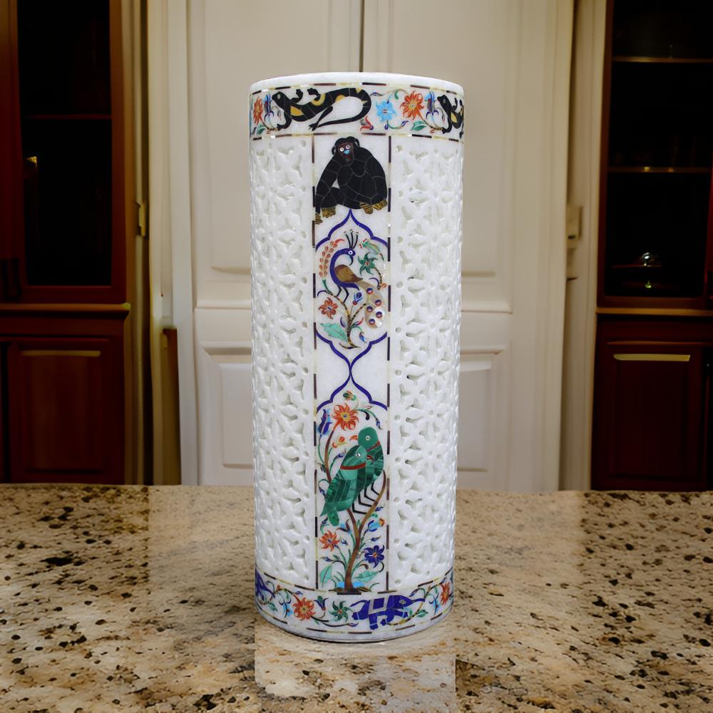 Handcrafted White Marble Lattice Vase with Intricate Inlay Artwork – Exotic Animal & Floral Design