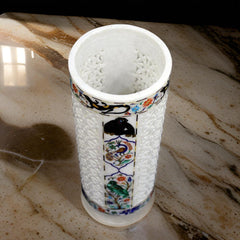 Handcrafted White Marble Lattice Vase with Intricate Inlay Artwork – Exotic Animal & Floral Design