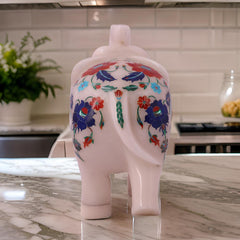 Handcrafted White Marble Elephant with Floral Inlay – Decorative Figurine
