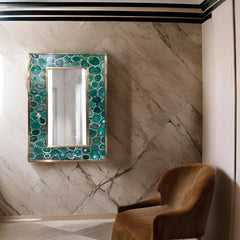 Elegant Bathroom Mirror Framed in Teal Agate Stone with Modern Marble Accents
