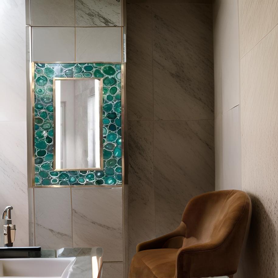 Elegant Bathroom Mirror Framed in Teal Agate Stone with Modern Marble Accents
