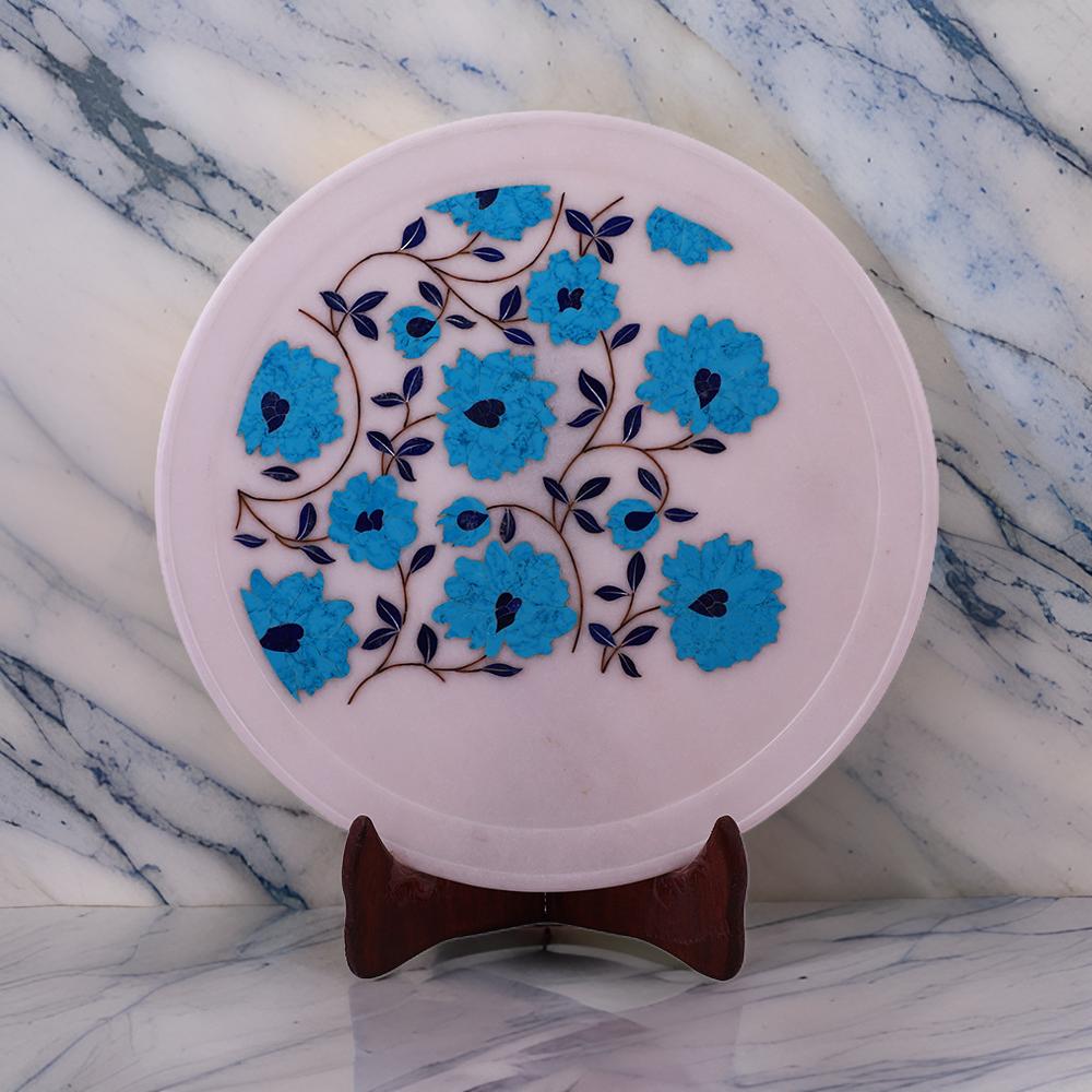 Handcrafted White Marble Inlay Plate with Floral and Bird Pietra Dura Design  Luxury Home Decor
