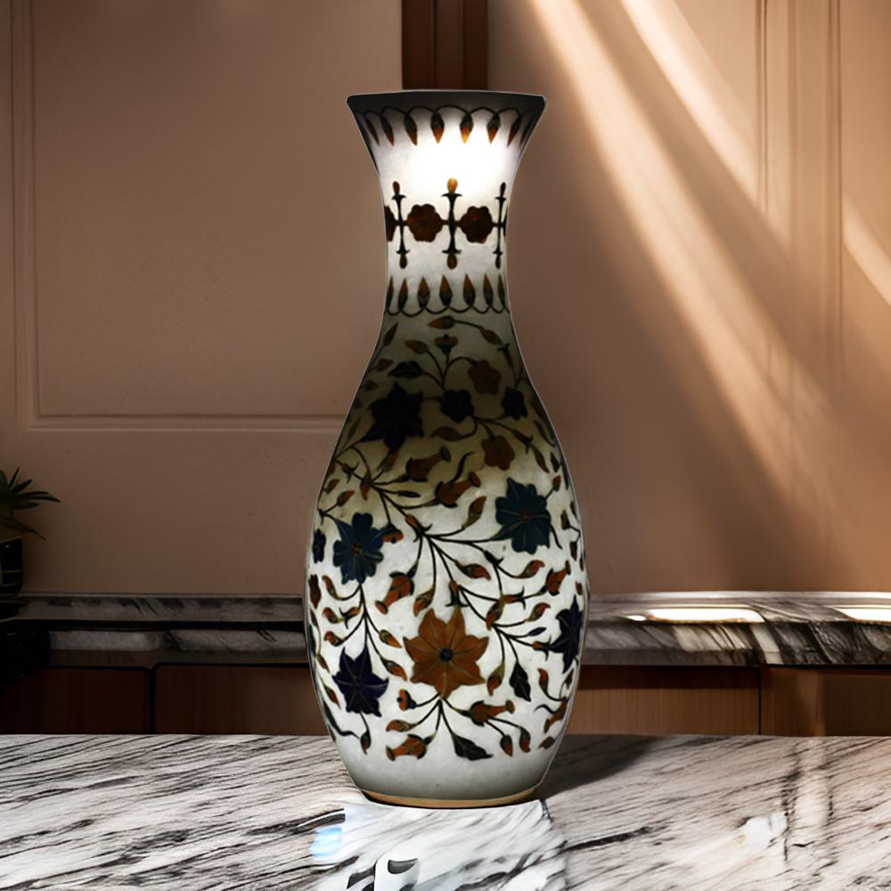Elegant Pink Marble Vase with Floral Inlay – Handcrafted Home Décor Masterpiece