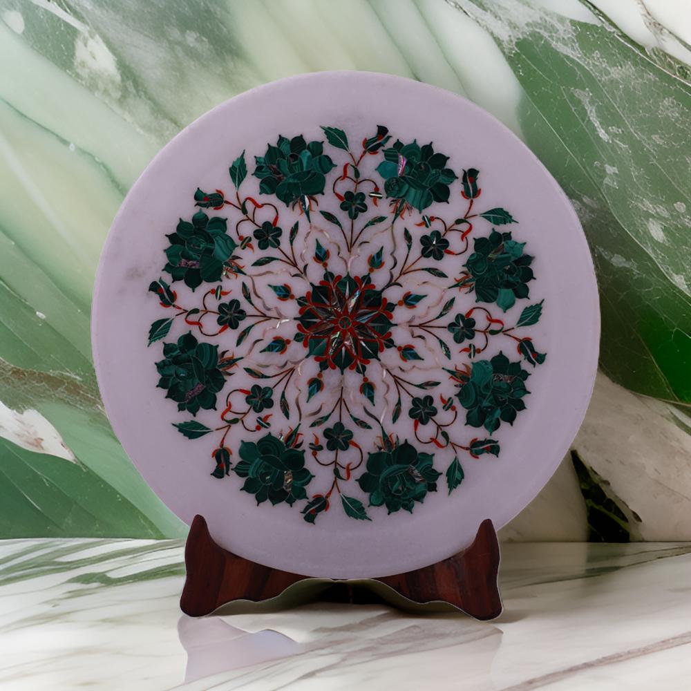 Handcrafted White Marble Inlay Plate with Green Floral Pietra Dura Design Elegant Home Decor