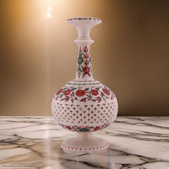 Handcrafted White Marble Vase with Floral Inlay & Jali Cutwork – Elegant Home Décor Accent