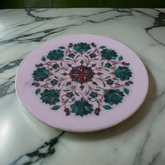 Handcrafted White Marble Inlay Plate with Green Floral Pietra Dura Design Elegant Home Decor