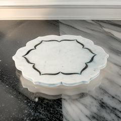 Elegant White Marble Decorative Tray – Handcrafted Lotus Design with Gold Inlay