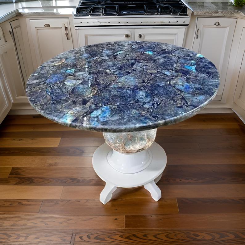 Elegant Round Labradorite Gemstone Table with White Pedestal Base in Modern Kitchen