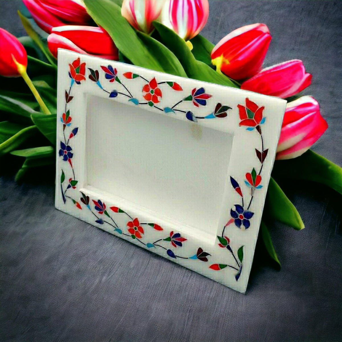 Hand-Inlaid Gemstone Floral Marble Picture Frame – Unique Home Décor Gift USA