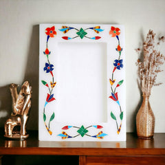 Handcrafted White Marble Picture Frame with Gemstone Floral Mosaic – USA Seller