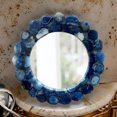 Blue Agate Slice Round Mirror – Handmade Gemstone Wall Decor