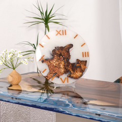 Elegant White Epoxy Resin Wall Clock Natural Cunninghamia Wood with Copper Roman Numerals