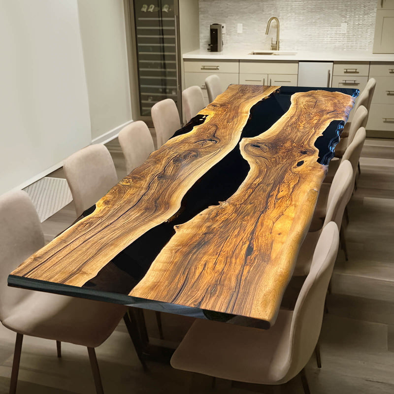 Custom Black Epoxy River Dining Table  Live Edge Walnut Modern Luxury Piece