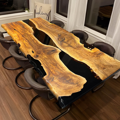 Custom Black Epoxy River Dining Table  Live Edge Walnut Modern Luxury Piece