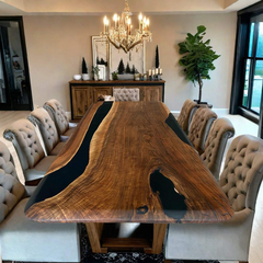 Elegant Black Epoxy River Dining Table Live Edge Walnut Luxury Conference or Dining Centerpiece