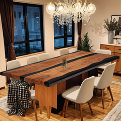 Modern Black Epoxy River Dining Table  Custom Live Edge Walnut with Minimalist Elegance