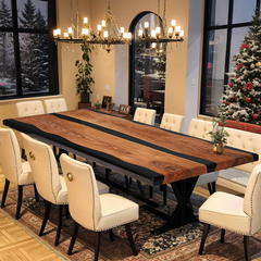 Modern Black Epoxy River Dining Table  Custom Live Edge Walnut with Minimalist Elegance