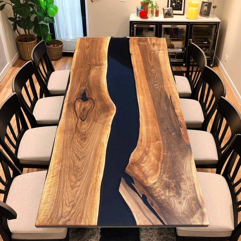 Modern Black Epoxy River Dining Table – Live Edge Walnut Beauty
