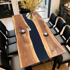 Modern Black Epoxy River Dining Table – Live Edge Walnut Beauty