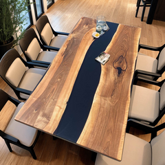 Modern Black Epoxy River Dining Table – Live Edge Walnut Beauty