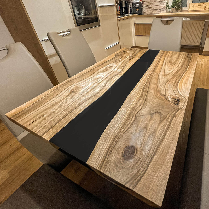 Natural Edge Walnut Dining Table with Black Epoxy Center Contemporary Craftsmanship