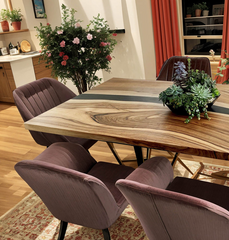 Live Edge Epoxy River Dining Table – Natural Elm Wood with Black Resin Inlay