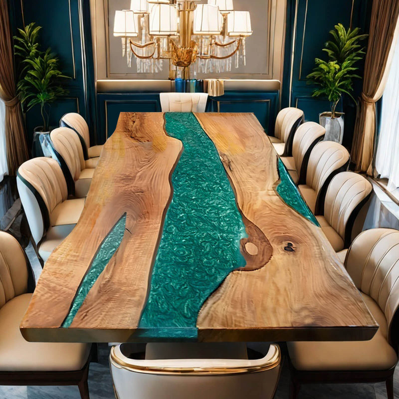 Luxury Green Epoxy River Dining Table  Live Edge Wood Statement Piece for Sophisticated Interiors