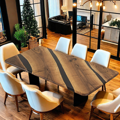 Modern Black Walnut Epoxy River Dining Table Triple Stream Design for Elegant Gatherings