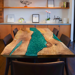 Luxury Green Epoxy River Dining Table  Live Edge Wood Statement Piece for Sophisticated Interiors