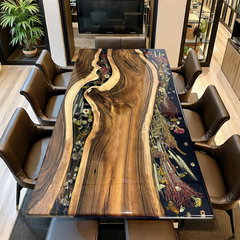 Luxury Live Edge Black Walnut Epoxy Resin Table with Botanical Inlay Handcrafted 10-Seater Statement Piece