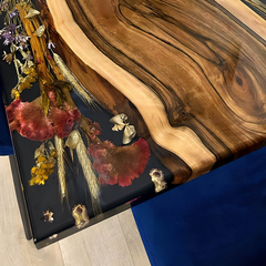 Luxury Live Edge Black Walnut Epoxy Resin Table with Botanical Inlay Handcrafted 10-Seater Statement Piece