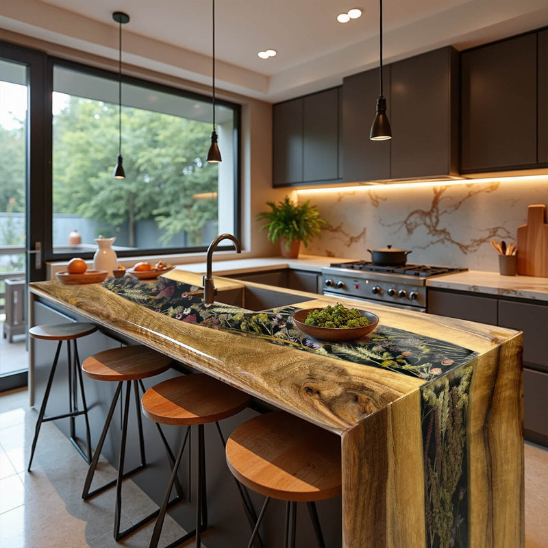 Live Edge Black Walnut Epoxy Resin Waterfall Kitchen Island with Botanical Inlay  Handcrafted Luxury Centerpiece